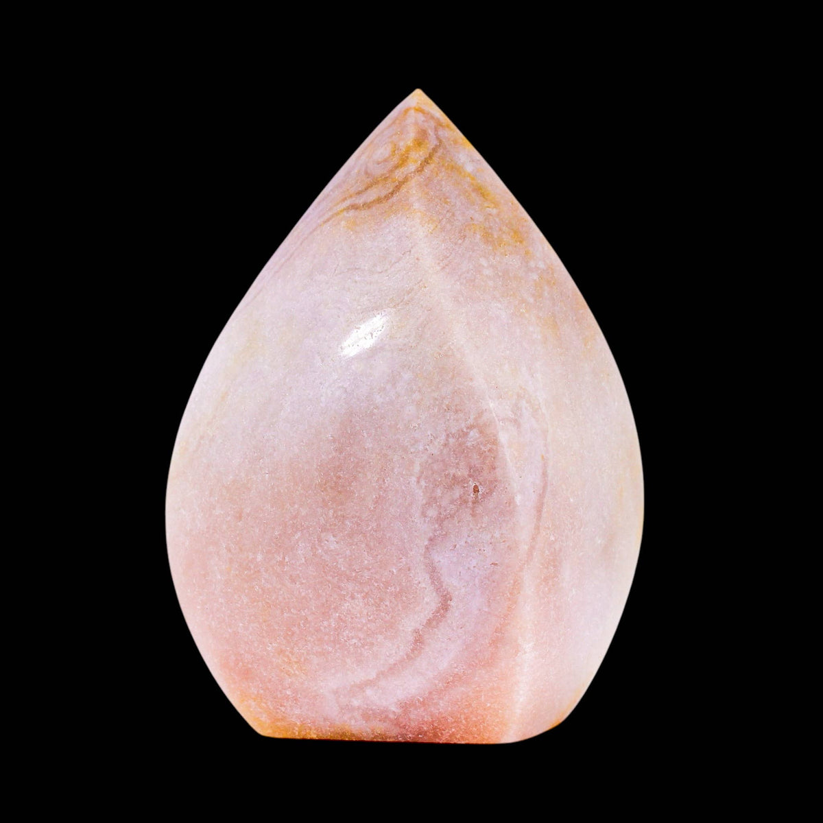 Teardrop-shaped stone with a marbled pattern on a black background