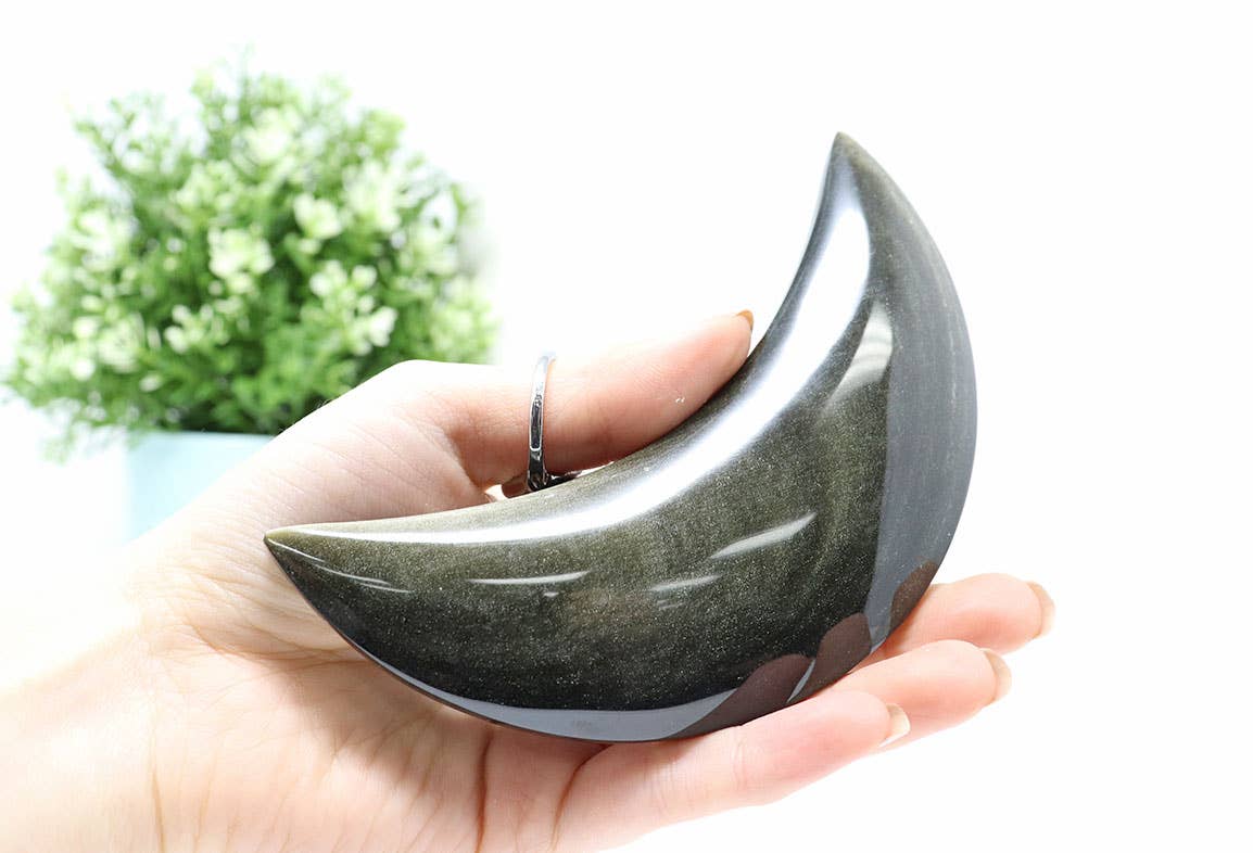 Golden Sheen Obsidian Moon | Hand Carved Crescent Decor, 5 Inch