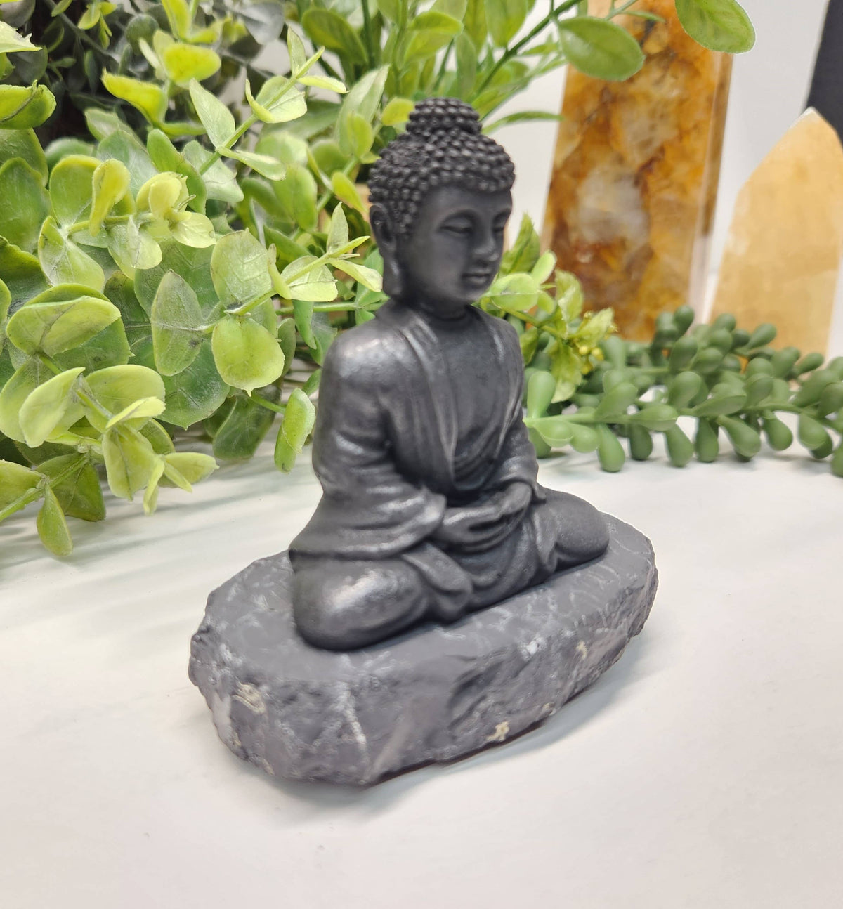 Buddha statue on a rock with plants in the background