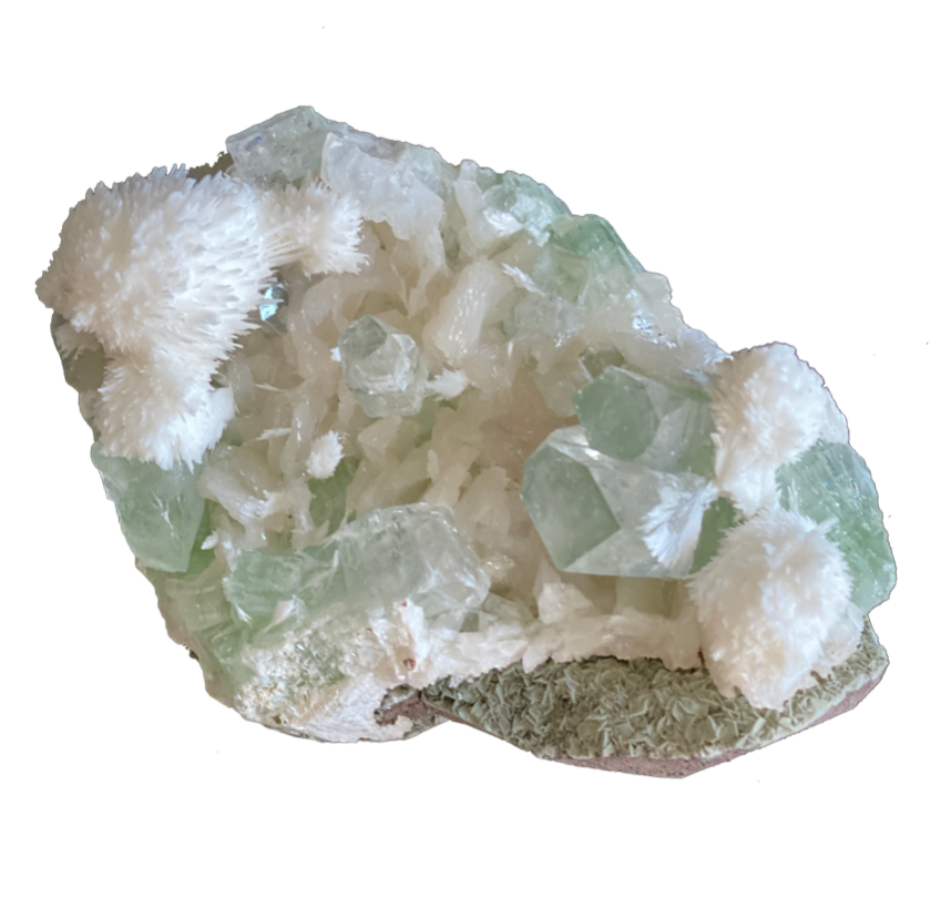 A cluster of Green Apophylite and White Scolecite minerals with a creamy white and translucent green appearance on a flat, mineral-rich base - JOY - Journey Of You - Spiritual, Holistic, Empowering