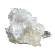 A natural clear quartz crystal cluster against a white background - JOY - Journey Of You - Spiritual, Holistic, Empowering