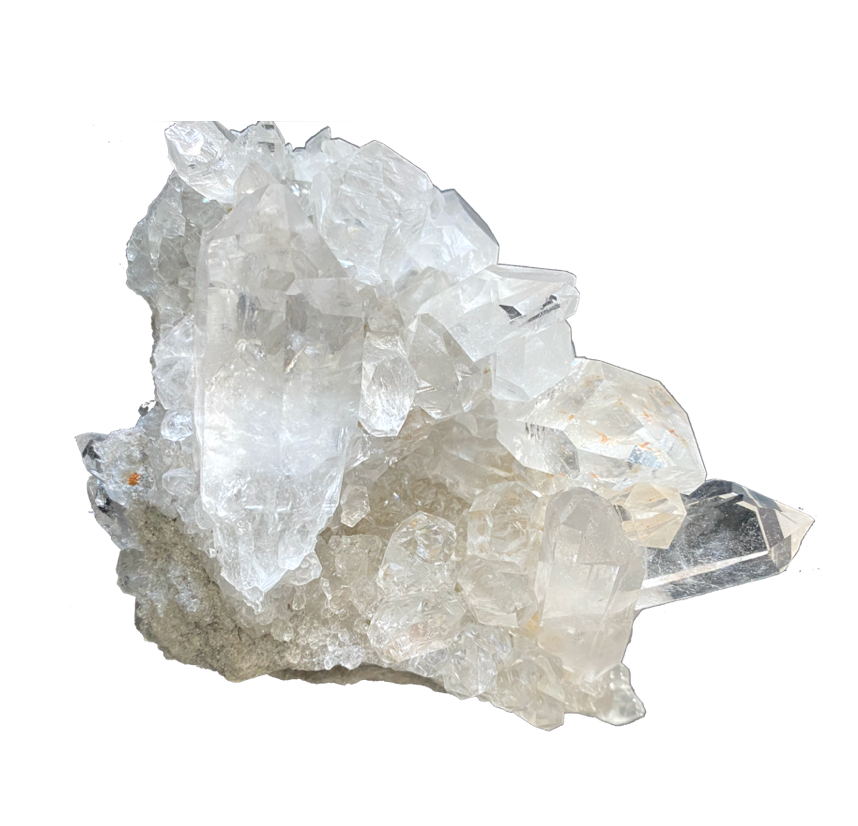 A natural clear quartz crystal cluster against a white background - JOY - Journey Of You - Spiritual, Holistic, Empowering