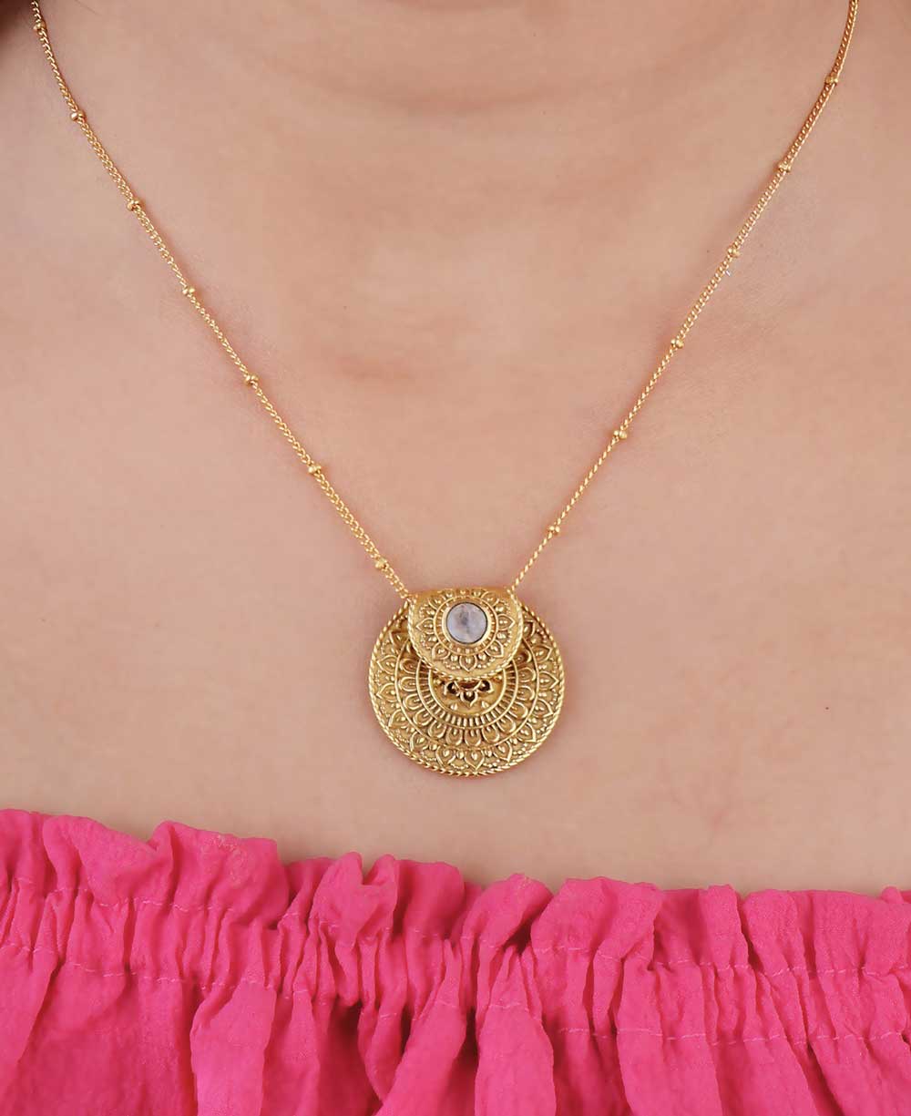 Inspirational Gold Plated Mandala Necklace with Rainbow Moon