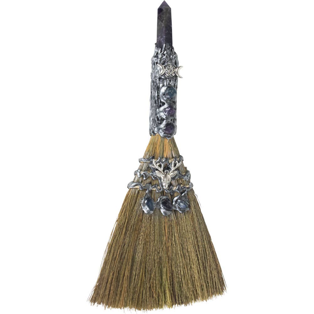 Gemstone Wicca Broom 13in - Amethyst w/ Silver Triple Moon
