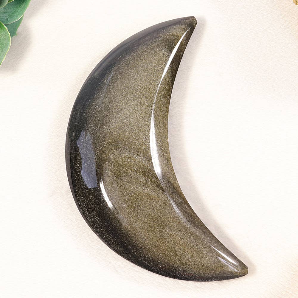 Golden Sheen Obsidian Moon | Hand Carved Crescent Decor, 5 Inch