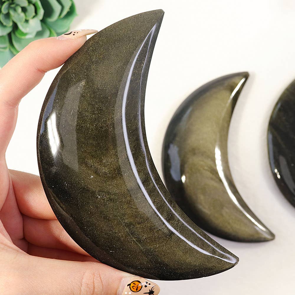 Golden Sheen Obsidian Moon | Hand Carved Crescent Decor, 5 Inch
