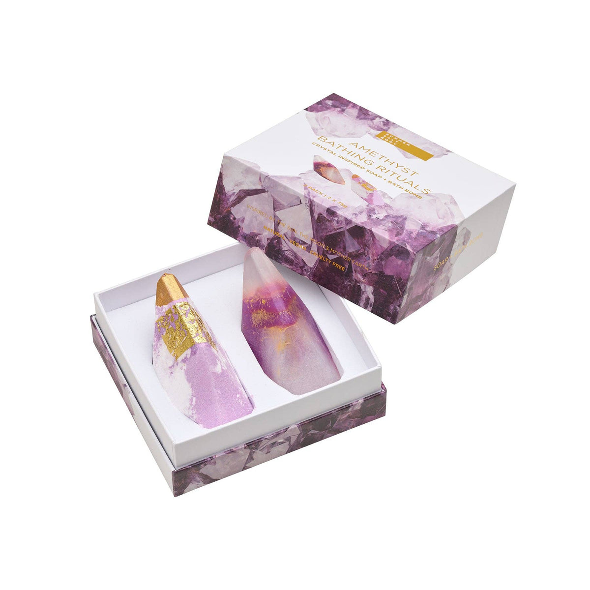 AMETHYST BATHING RITUALS | 2 PACK - BATH BOMB - Amethyst Bath Bomb and Crystal Soap - protect against negative energy - wonderfully cleansing - positive energy - Amethyst Bathing Rituals - Rose Quartz & Aquamarine - Joy - Journey of you
