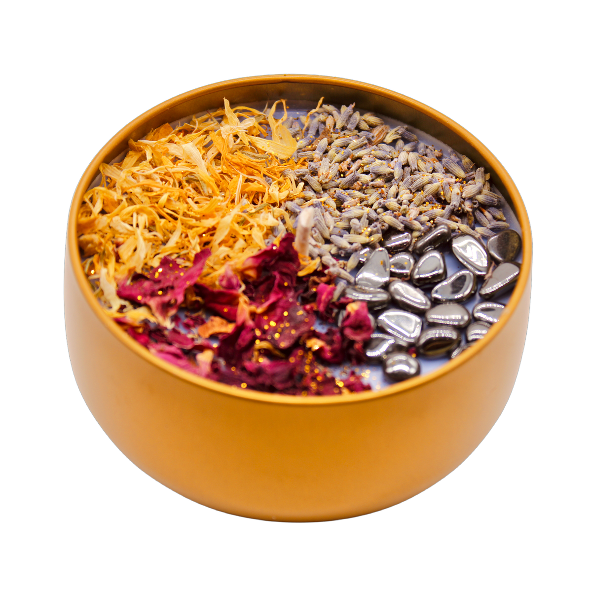 ANXIETY RELIEF CRYSTAL CANDLE: 4OZ GOLD TIN - botanicals and Hematite crystals - Root Chakra - Pineapple Sage is a fragrant garden herb - Joy - Journey of You