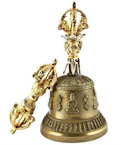 A bronze Tibetan altar hand bell with a dorjee, featuring intricate design patterns and a gold-colored handle - JOY - Journey Of You - Spiritual, Holistic, Empowering