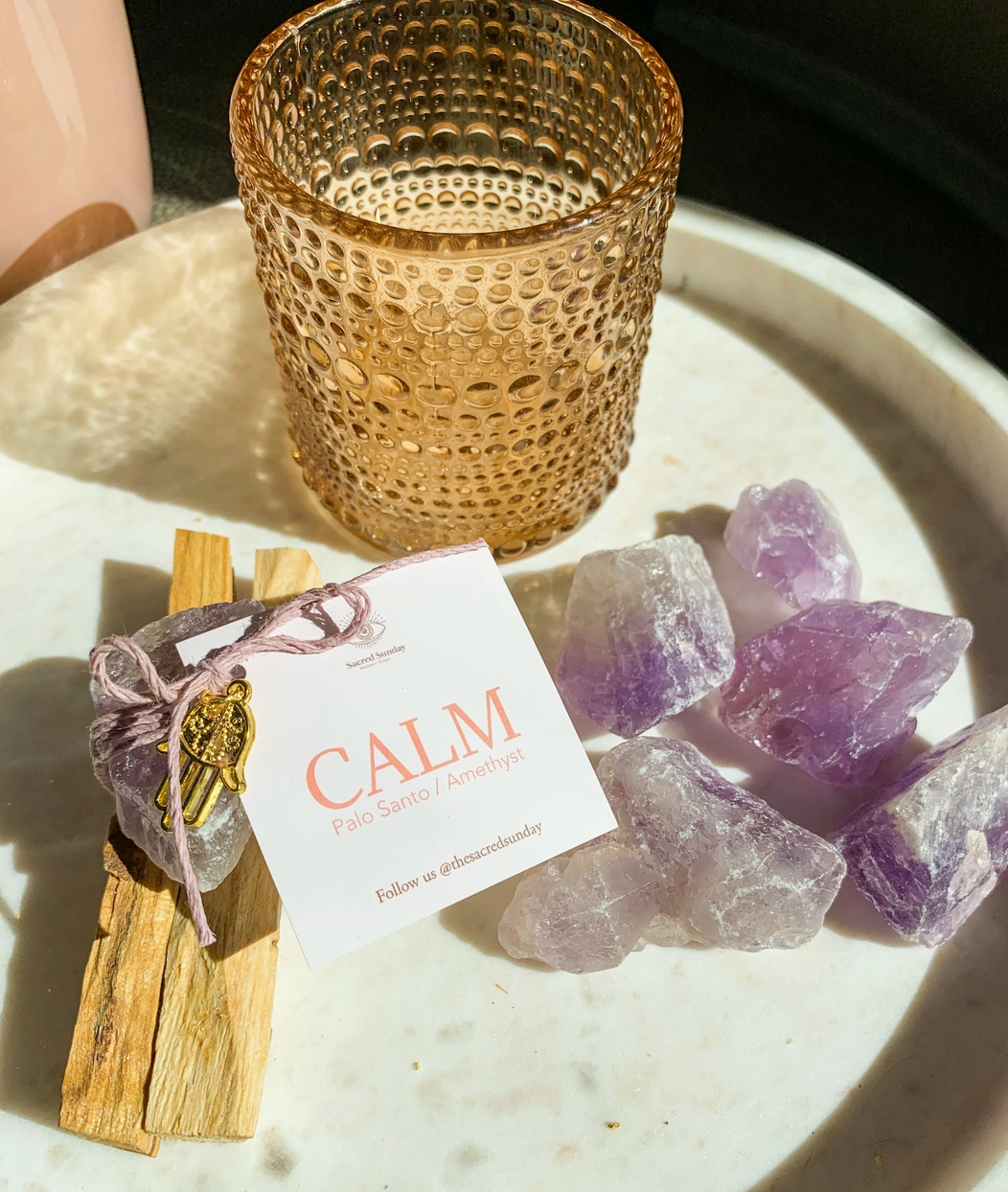 'CALM' INTENTION BUNDLE [ PALO SANTO + AMETHYST ] - CALM with our beautiful Palo Santo + amethyst bundle kit - the power of your healing stone - Hamsa charm - amulet - 1 Rough Amethyst Crystal - Hamsa Charm Note: Our Palo Santo sticks