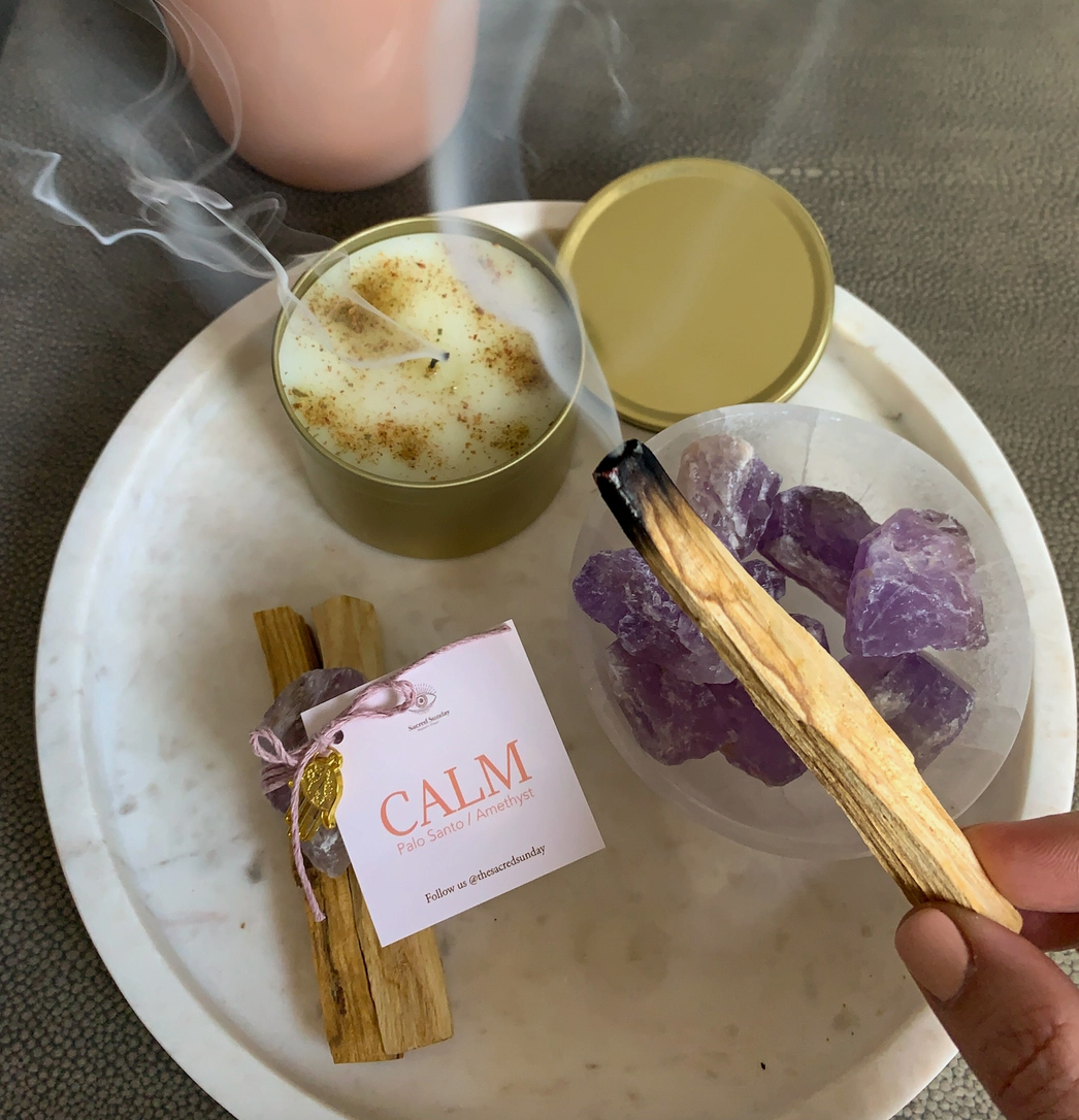 'CALM' INTENTION BUNDLE [ PALO SANTO + AMETHYST ] - CALM with our beautiful Palo Santo + amethyst bundle kit - the power of your healing stone - Hamsa charm - amulet - 1 Rough Amethyst Crystal - Hamsa Charm Note: Our Palo Santo sticks