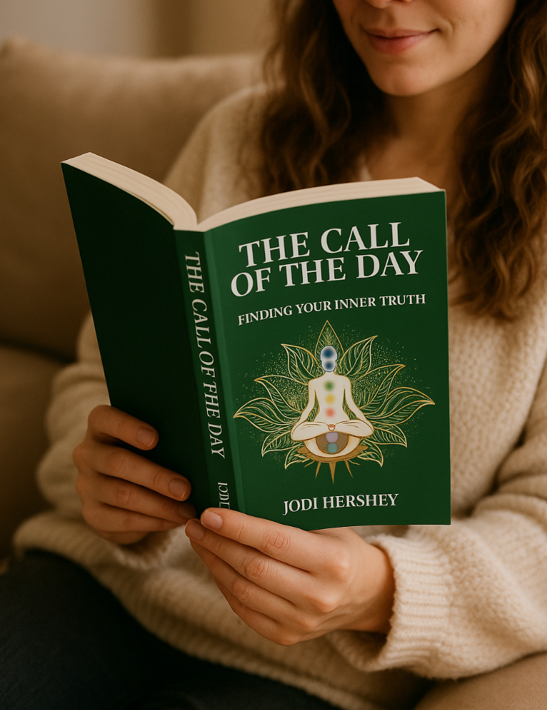 Person holding a book titled 'The Call of the Day: Finding Your Inner Truth' by Jodi Hershey.