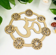 CRYSTAL GRID - OM AND 7 CHAKRAS DESIGN - 25CM - Wood Crystal Grid - 7 Chakras Design - Stones and Crystals - healing stones and crystals - keeping in your meditation space
