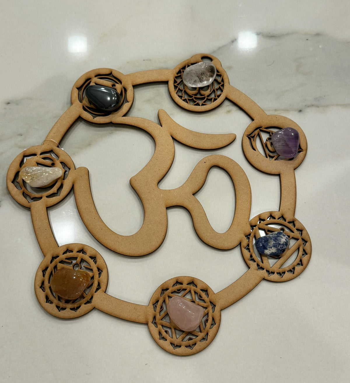 CRYSTAL GRID - OM AND 7 CHAKRAS DESIGN W/ STONES - Wood Crystal Grid - for meditation - Joy - Journey of You