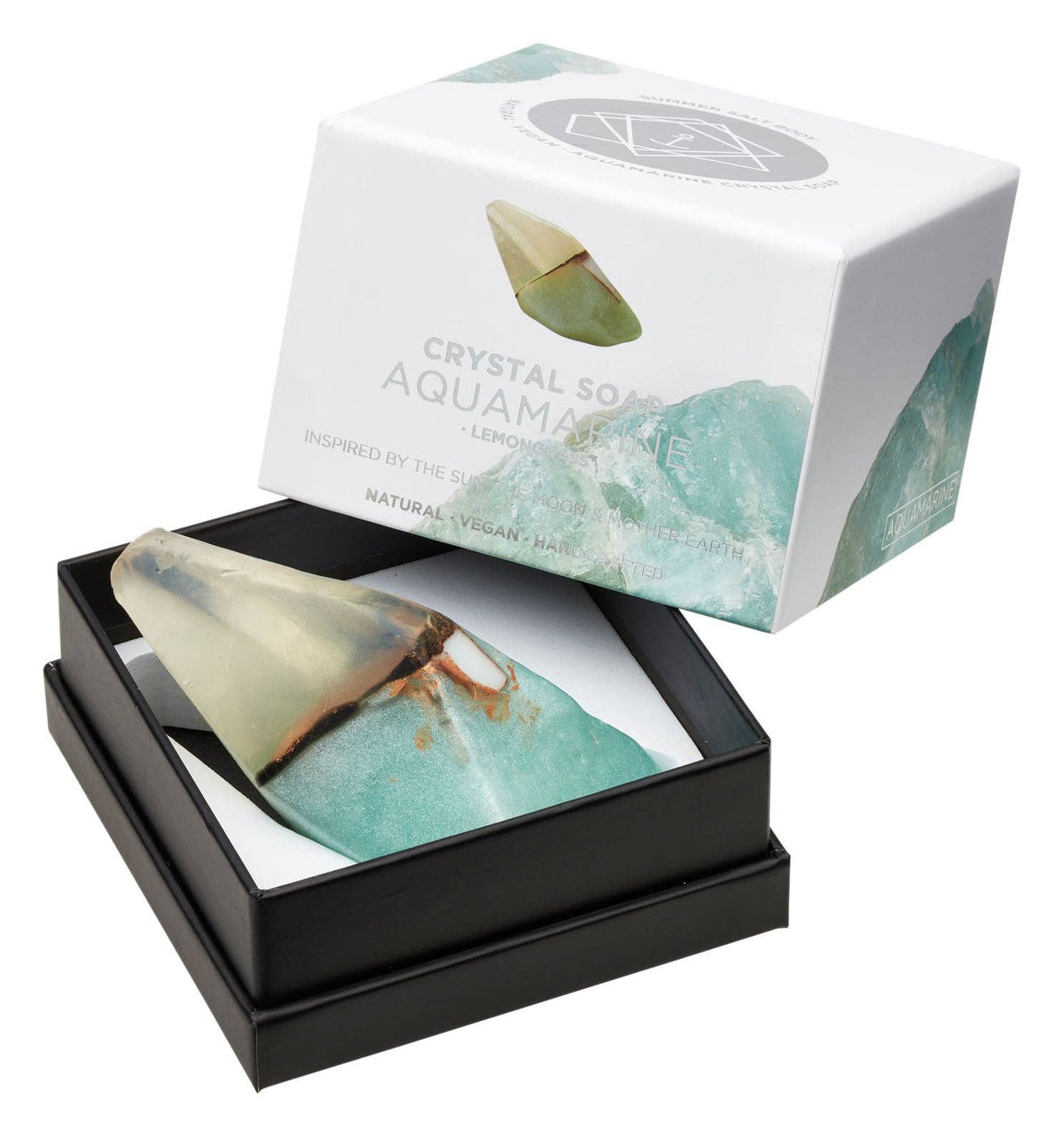 CRYSTAL SOAP - AQUAMARINE - Aquamarine stone - wash and cleanse your skin - treasure of the mermaids - feminine energy - lucky stone - Ingredients Aqua, Sorbitol, Sucrose, Sunflower Oil, Glycerine, Stearic Acid, Coconut Oil, Lemongrass Essential Oil, Propylene Glycol (food grade), Blue 4, Bronze Powder - Joy - Journey of you