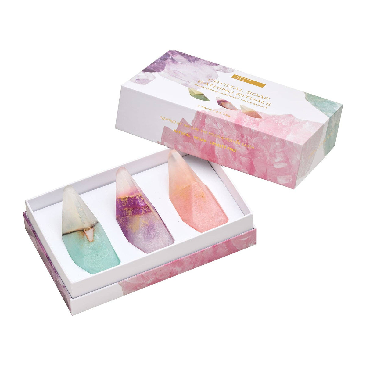 CRYSTAL SOAP BATHING RITUALS | 3 PACK - ultimate crystal inspired - Crystal Soap Trio - Aquamarine, Rose Quartz & Amethyst Crystal Soaps - ROSE QUARTZ SOAP INGREDIENTS: Aqua, Sorbitol, Sucrose, Sunflower Oil, Glycerine, Stearic Acid, Coconut Oil, Jasmine Essential Oil, Propylene Glycol, Orange 4, Bronze Powder. AMETHYST SOAP INGREDIENTS: Aqua, Sorbitol, Sucrose, Sunflower Oil, Glycerine, Stearic Acid, Coconut Oil, Lavender Essential Oil, Propylene Glycol (food grade), Violet 2, Bronze Powder -  Joy - Journe