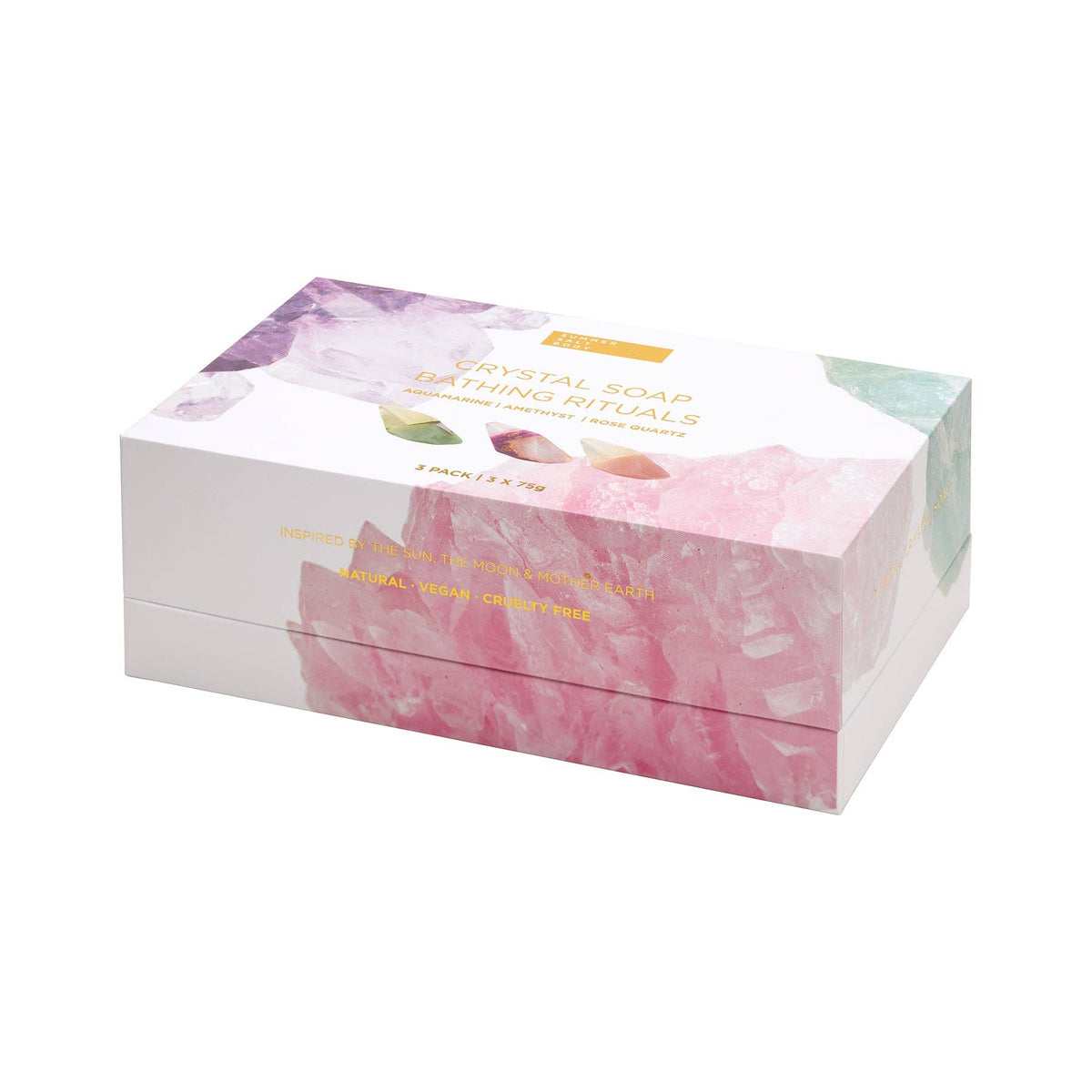 CRYSTAL SOAP BATHING RITUALS | 3 PACK - ultimate crystal inspired - Crystal Soap Trio - Aquamarine, Rose Quartz & Amethyst Crystal Soaps - ROSE QUARTZ SOAP INGREDIENTS: Aqua, Sorbitol, Sucrose, Sunflower Oil, Glycerine, Stearic Acid, Coconut Oil, Jasmine Essential Oil, Propylene Glycol, Orange 4, Bronze Powder. AMETHYST SOAP INGREDIENTS: Aqua, Sorbitol, Sucrose, Sunflower Oil, Glycerine, Stearic Acid, Coconut Oil, Lavender Essential Oil, Propylene Glycol (food grade), Violet 2, Bronze Powder -  Joy - Journe