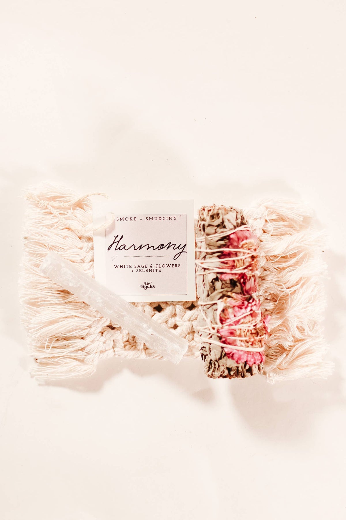 HARMONY SMOKE BUNDLES WHITE SAGE WITH FLOWERS + SELENITE: LOVE - Wildflowers and California White Sage Bundle Sages + Smudges by Liv Rocks Harmony - White Sage + Flowers + Selenite Peace - Sage + Lavender + Palo Santo Love - Sage + Roses + Palo Santo + Selenite Clearing - Selenite + Crystal Point + Palo Santo Abundance - Selenite Tower + Crystal Point - Liv Rocks Sage - sacred plants - Joy - Journey of you