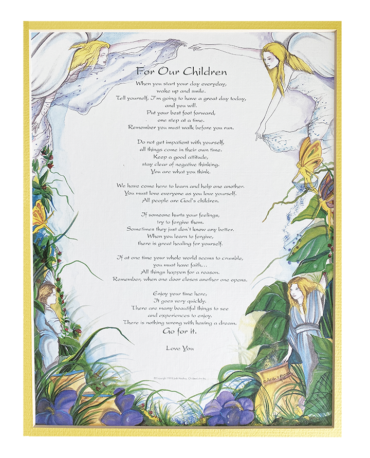 A colorful print featuring a poem for children with illustrations of nature and children's faces in a fantastical setting - JOY - Journey Of You - Spiritual, Holistic, Empowering