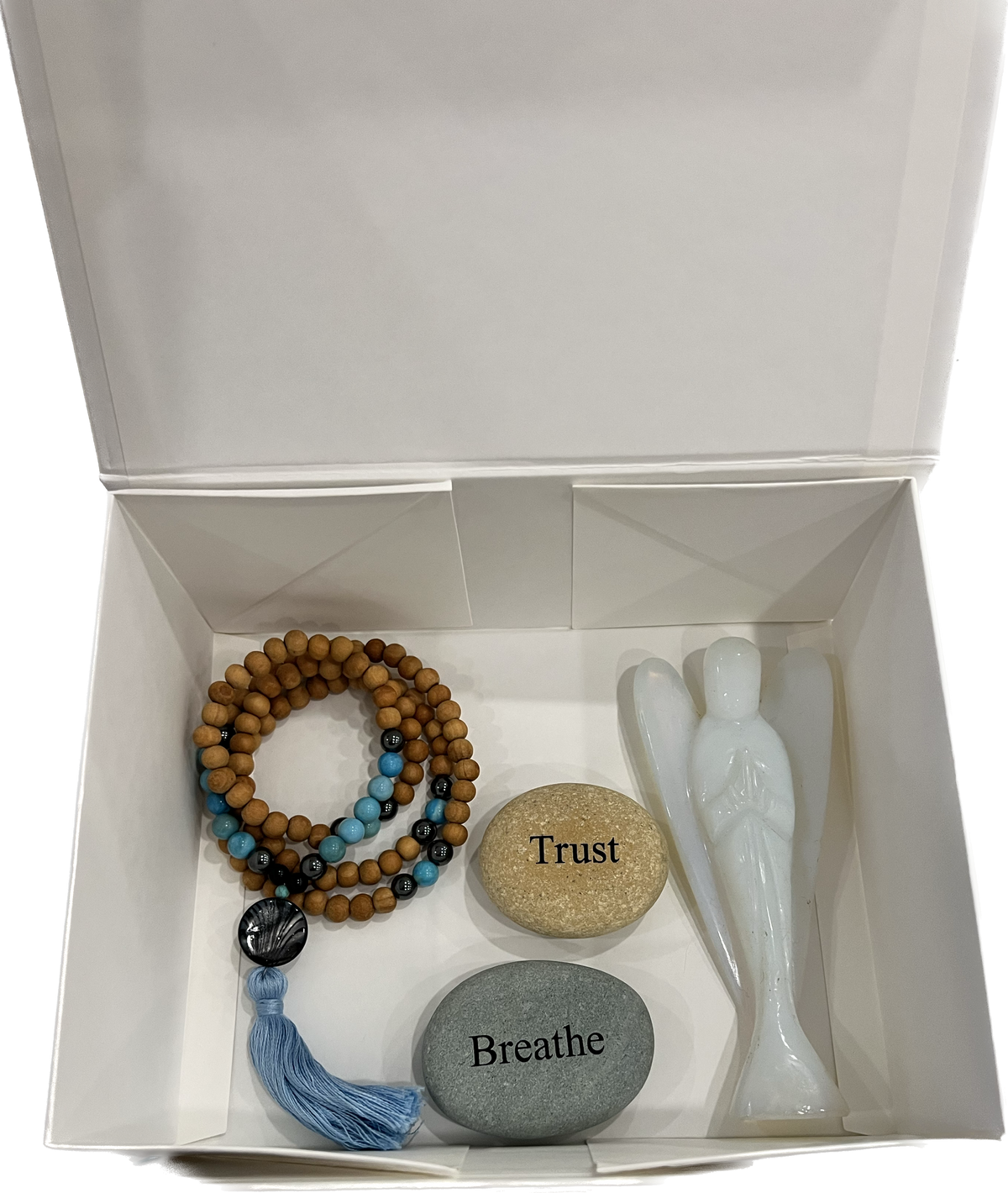 Sandalwood Mala Beads: Amazonite, Hematite, Abalone Shell