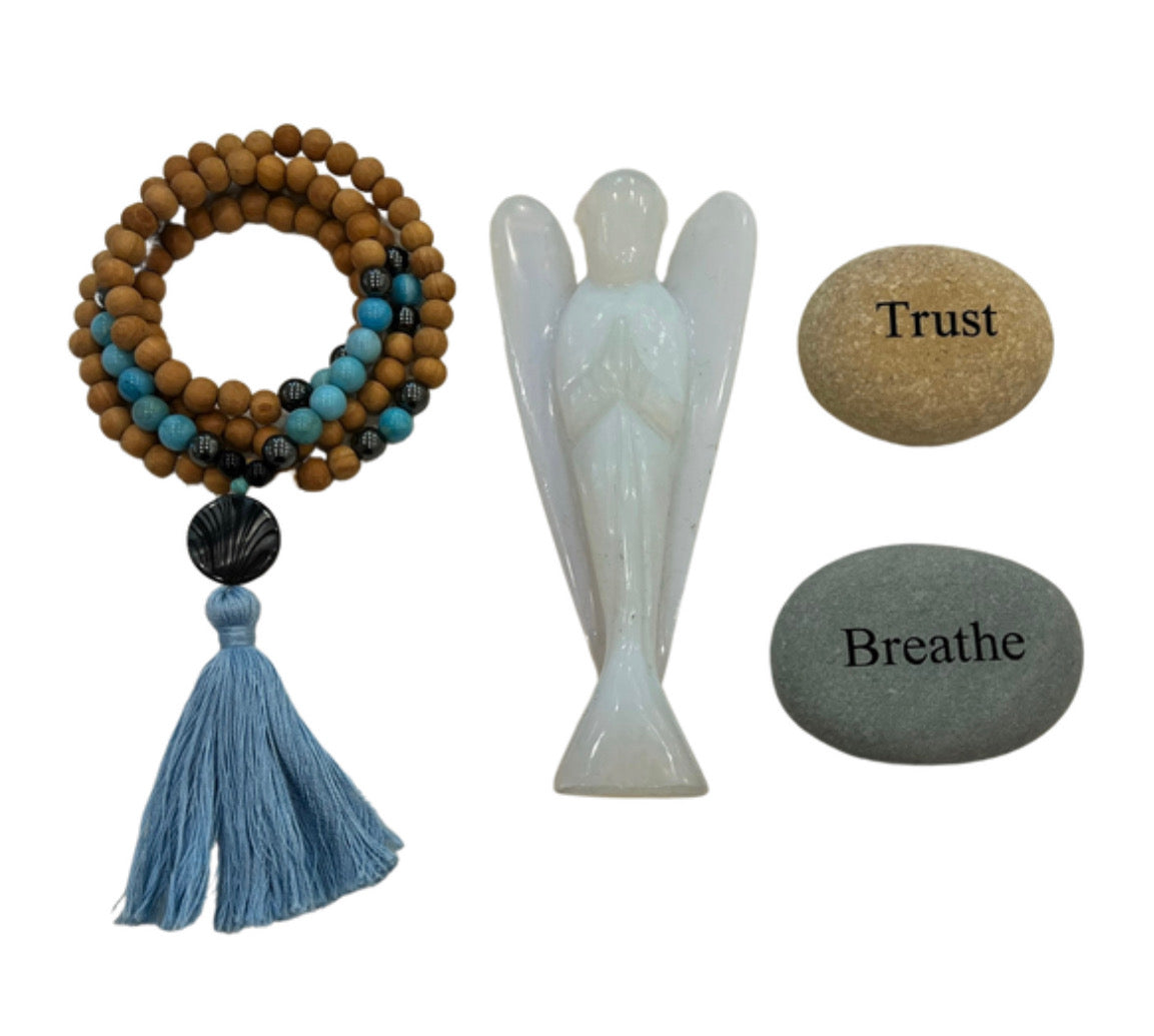 Sandalwood Mala Beads: Amazonite, Hematite, Abalone Shell
