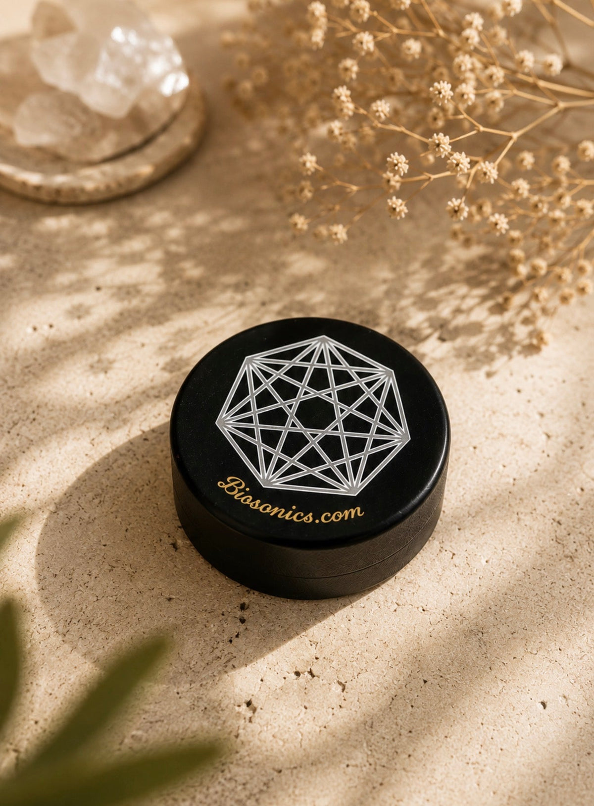 A round black jar lid with a white geometric line design and the text 'Biosonics.com' in gold, placed on a sandy surface with dried flowers and soft shadows.