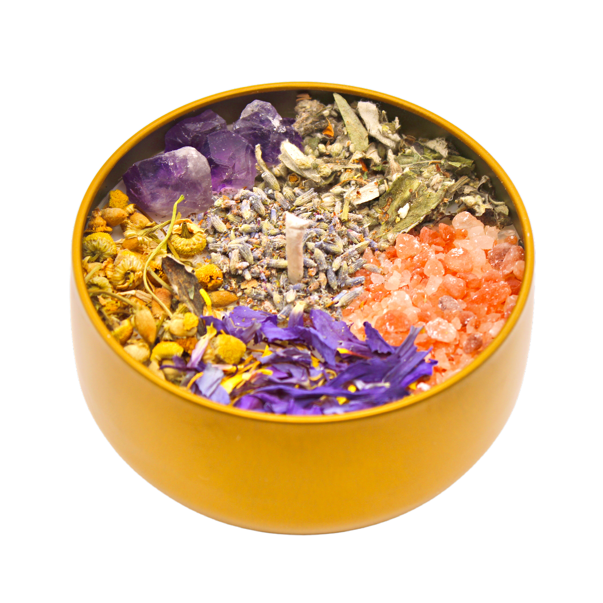 INTUITION ENHANCER CRYSTAL CANDLE: 4OZ GOLD TIN - Mugwort, Blue Lotus, Chamomile, Lavender, Himalayan Salt and a single Amethyst Crysta -  Apricot Grove fragrance - Joy - Journey of You
