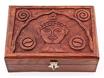 Hand-carved wooden box featuring an image of Lord Buddha, with intricate carvings and a dark, glossy finish - JOY - Journey Of You - Spiritual, Holistic, Empowering