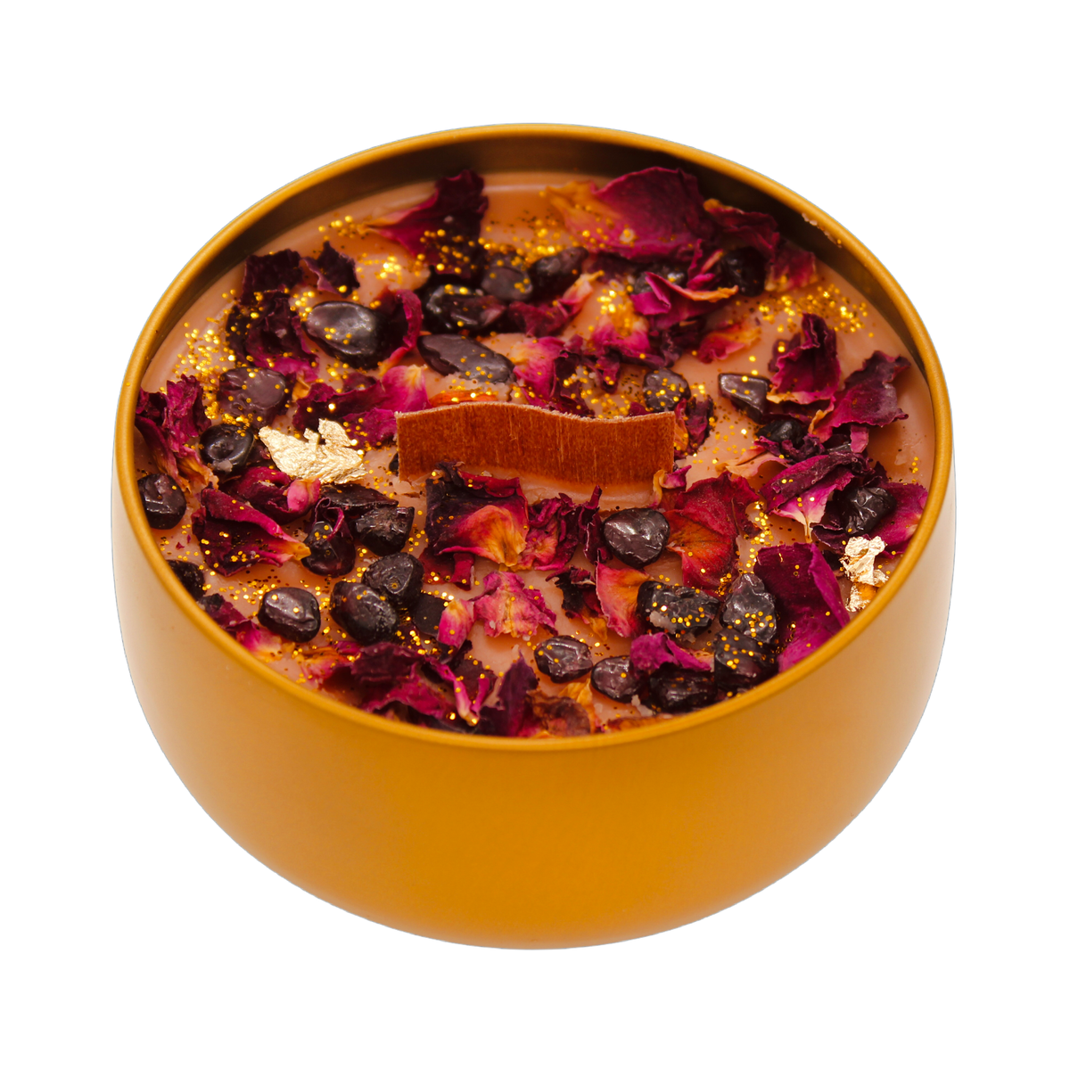 MANIFESTATION BONFIRE CRYSTAL CANDLE - Garnet crystals, dried rose petals, gold flakes, and fairy dust - Joy - Journey of You