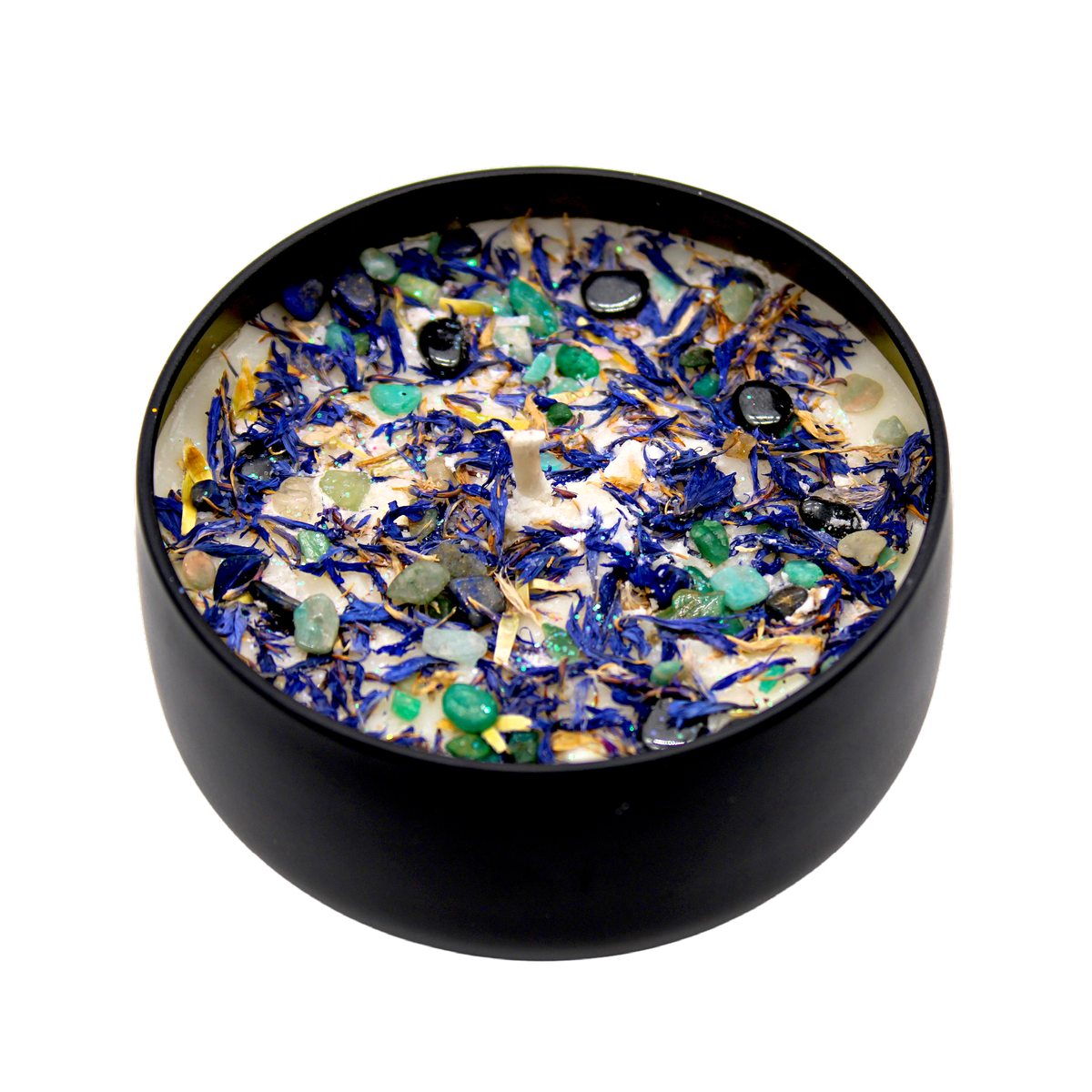 MERCURY RETROGRADE CRYSTAL CANDLE: 4OZ BLACK TIN - Mercury Retrograde - Hematite, Amazonite and Lapis Lazuli crystals - Mint Mojito fragrance - Joy - Journey of You