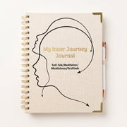 A beige spiral-bound journal with a black line-art profile of a head and gold text reading 'My Inner Journey Journal' and 'Self-Talk/Meditation/Mindfulness/Gratitude.' A white pen with a rose-gold cap rests against the right side.