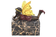 A bronze marble bookend featuring a fairy angel sitting on a pedestal, with a marble base - JOY - Journey Of You - Spiritual, Holistic, Empowering