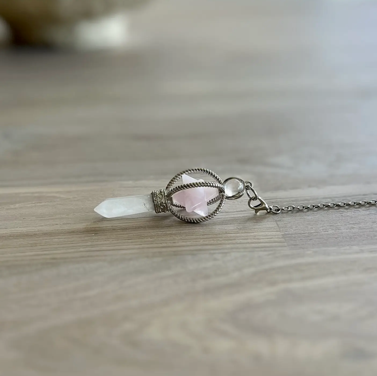 PENDULUM - ROSE QUARTZ MERKABAH - CLEAR QUARTZ POINT - Pendulum - stone - Joy - Journey of You