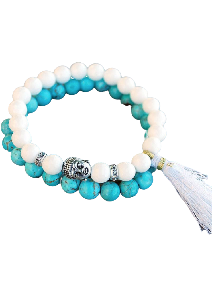 A turquoise and white jade beaded bracelet with silver accents and a tassel, on a white background - JOY - Journey Of You - Spiritual, Holistic, Empowering