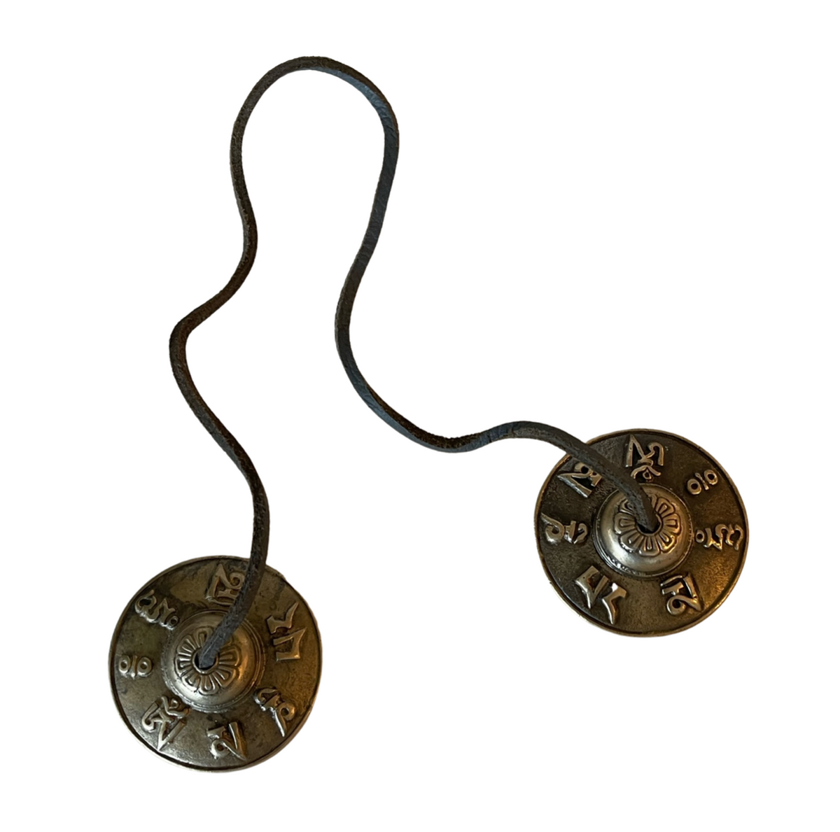 A pair of Tingsha Bells made of traditional Tibetan brass, connected by a flexible metal chain - JOY - Journey Of You - Spiritual, Holistic, Empowering