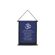 A blue cotton meditation banner with white text and om symbol, hanging on a rod - JOY - Journey Of You - Spiritual, Holistic, Empowering