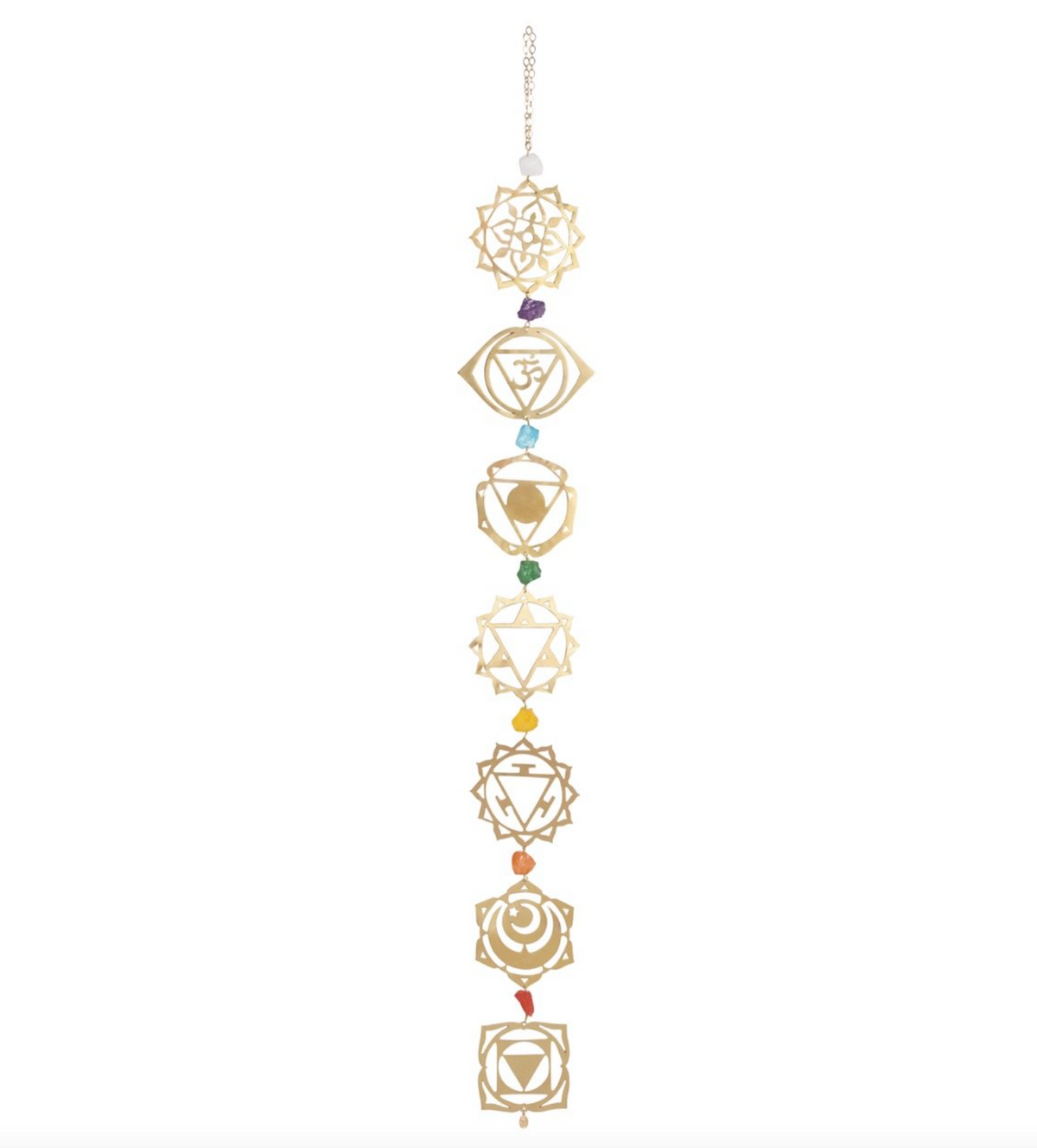 A series of seven gold-colored chakra yoga charms with various colorful quartz stones, arranged in a vertical descent down a clear string - JOY - Journey Of You - Spiritual, Holistic, Empowering