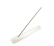 A white Selenite Incense Holder with a single incense stick placed on top, on a white background - JOY - Journey Of You - Spiritual, Holistic, Empowering