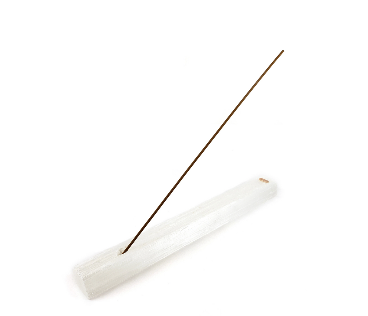 A white Selenite Incense Holder with a single incense stick placed on top, on a white background - JOY - Journey Of You - Spiritual, Holistic, Empowering