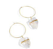 A pair of gold-colored brass hoop earrings with clear quartz crystal accents - JOY - Journey Of You - Spiritual, Holistic, Empowering