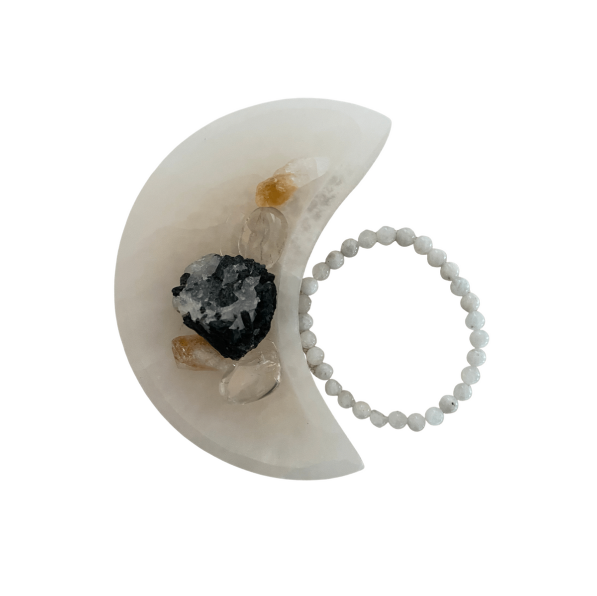 Half Moon Selenite Bowl + Stones + Moonstone Bracelet
