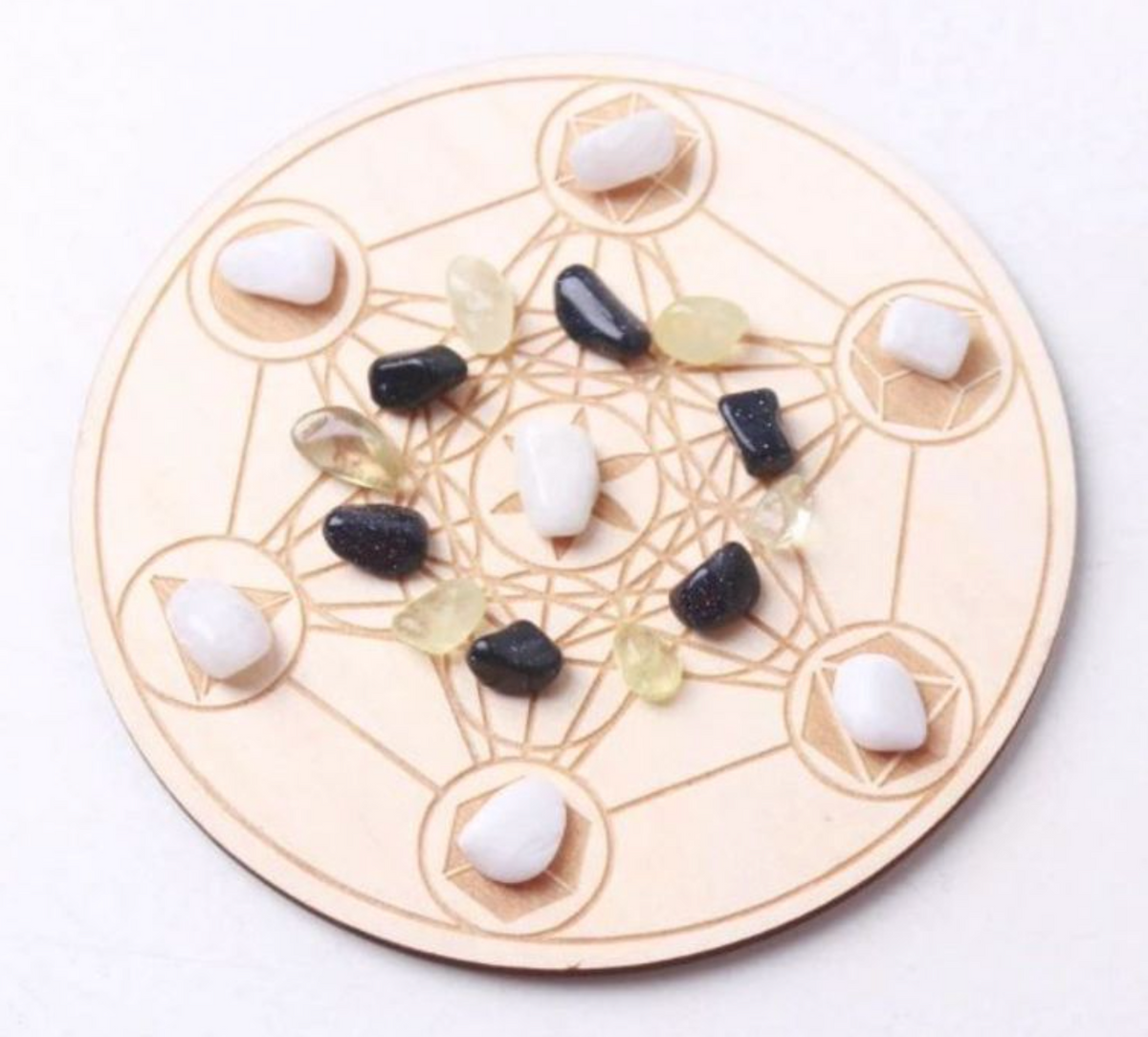 Wooden Crystal Grid Board Set, Moonstone, Citrine, Sandstone, 4 inch