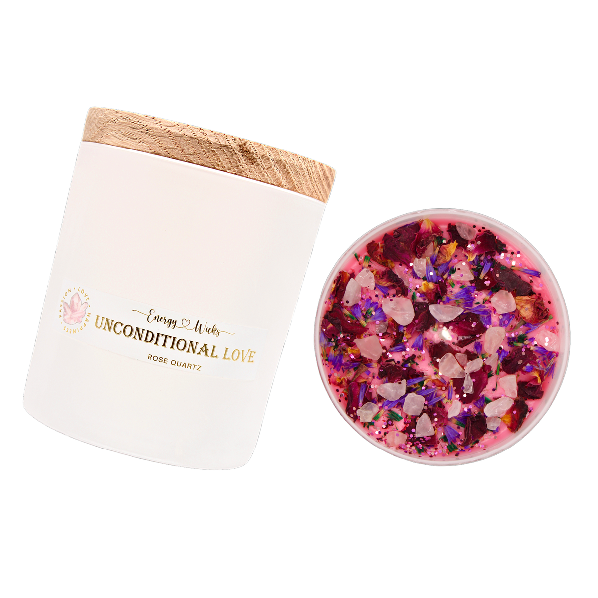 UNCONDITIONAL LOVE CRYSTAL CANDLE: 6OZ - flowers and Rose Quartz crystals - Rose Quartz - CARE AND MAINTENANCE - Joy - Journey of You