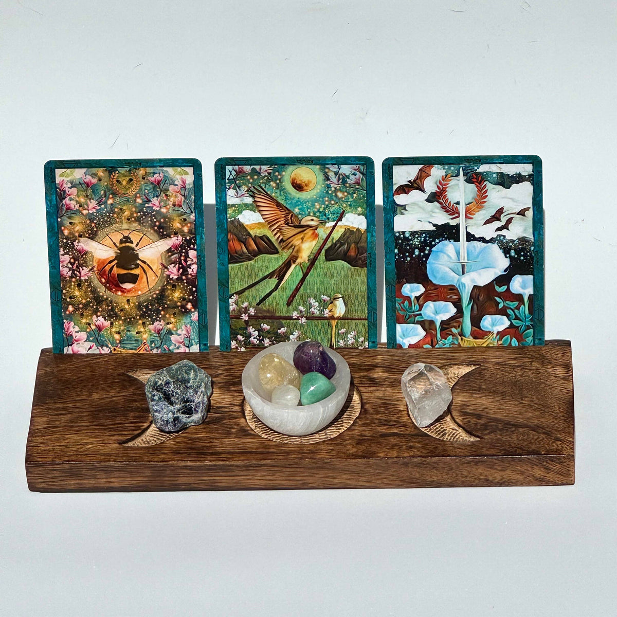 WOODEN TAROT CARD HOLDER W/ MOON DETAIL - Selenite bowls - Joy - Journey of You