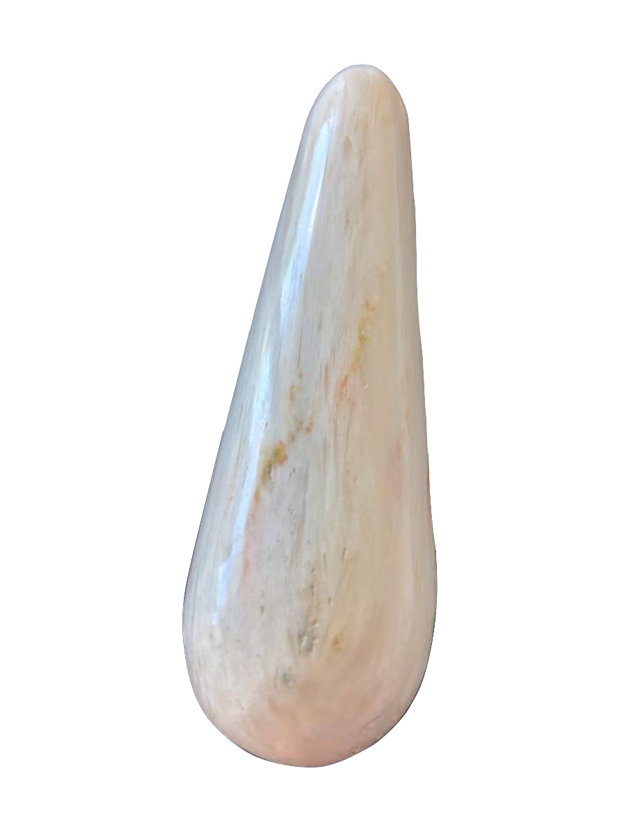 A polished white scolecite crystal wand against a black background - JOY - Journey Of You - Spiritual, Holistic, Empowering