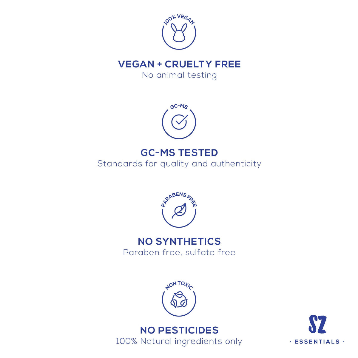 Certification icons and text for vegan, cruelty-free, GC-Ms tested, paraben-free, sulfate-free, non-toxic, and pesticide-free products on a white background. - JOY - Journey Of You - Spiritual, Holistic, Empowering