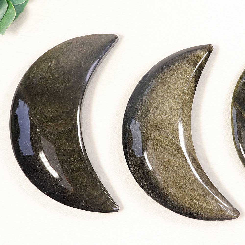 Golden Sheen Obsidian Moon | Hand Carved Crescent Decor, 5 Inch