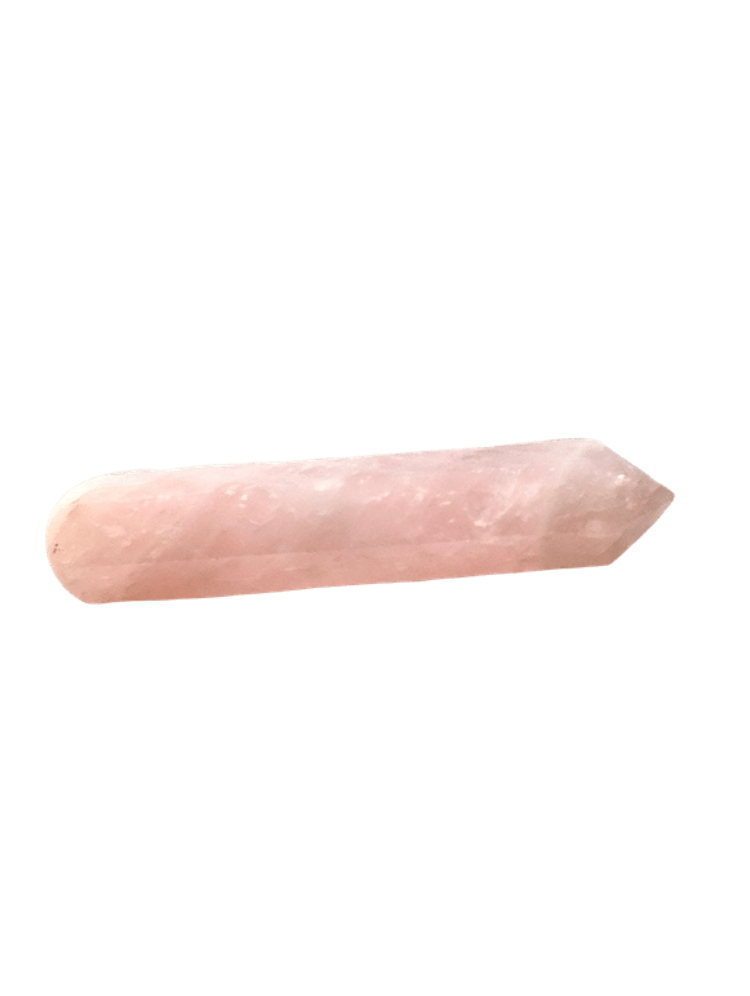 A polished Rose Quartz wand with a smooth, tapered end and a rougher textured base, isolated on a white background - JOY - Journey Of You - Spiritual, Holistic, Empowering