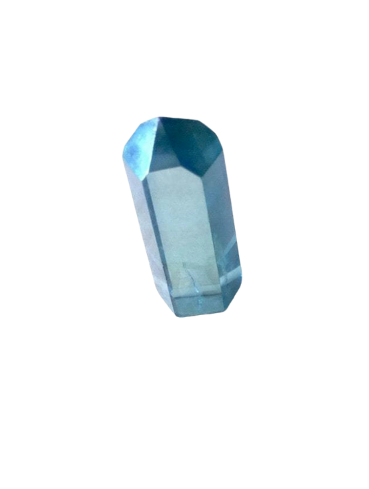 A polished blue crystal with a faceted surface, approximately 2 inches in height - JOY - Journey Of You - Spiritual, Holistic, Empowering