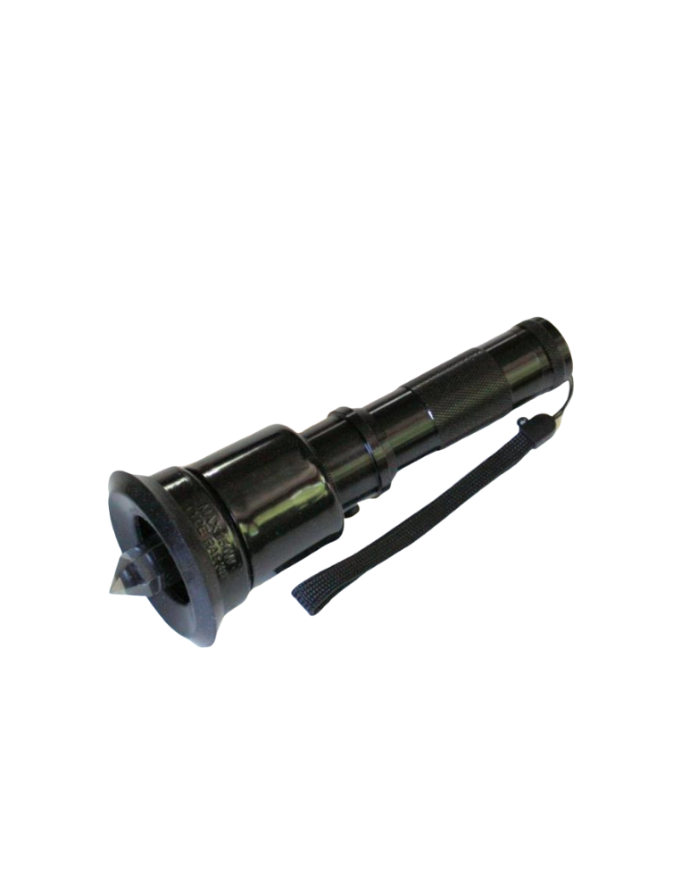 A hand-held crystal healing torch with a black body, featuring a clear quartz crystal at one end and a selection dial for changing colors on the side - JOY - Journey Of You - Spiritual, Holistic, Empowering